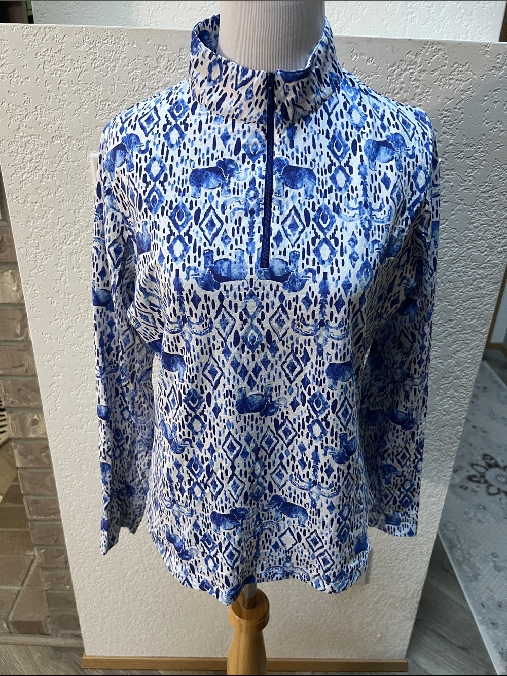 IBKUL Kendra Sun Protection 1/4 Zip Pullover Long Sleeve Elephant Print Blue L - Picture 4 of 8